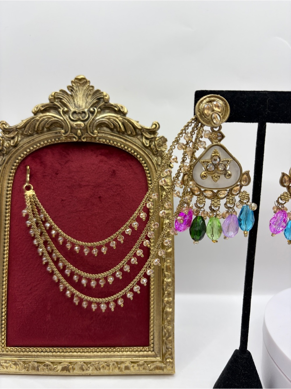 Multicolor - Champagne - Dark Red Beaded Dangle Earrings with Sahara Accents
